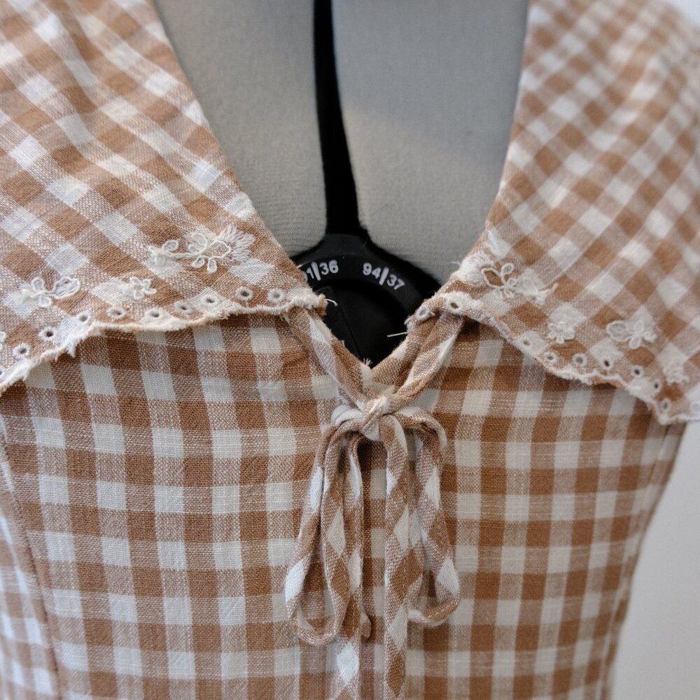 Zara tan and white Gingham Embroidered collar sundress - M - Picture 2 of 5